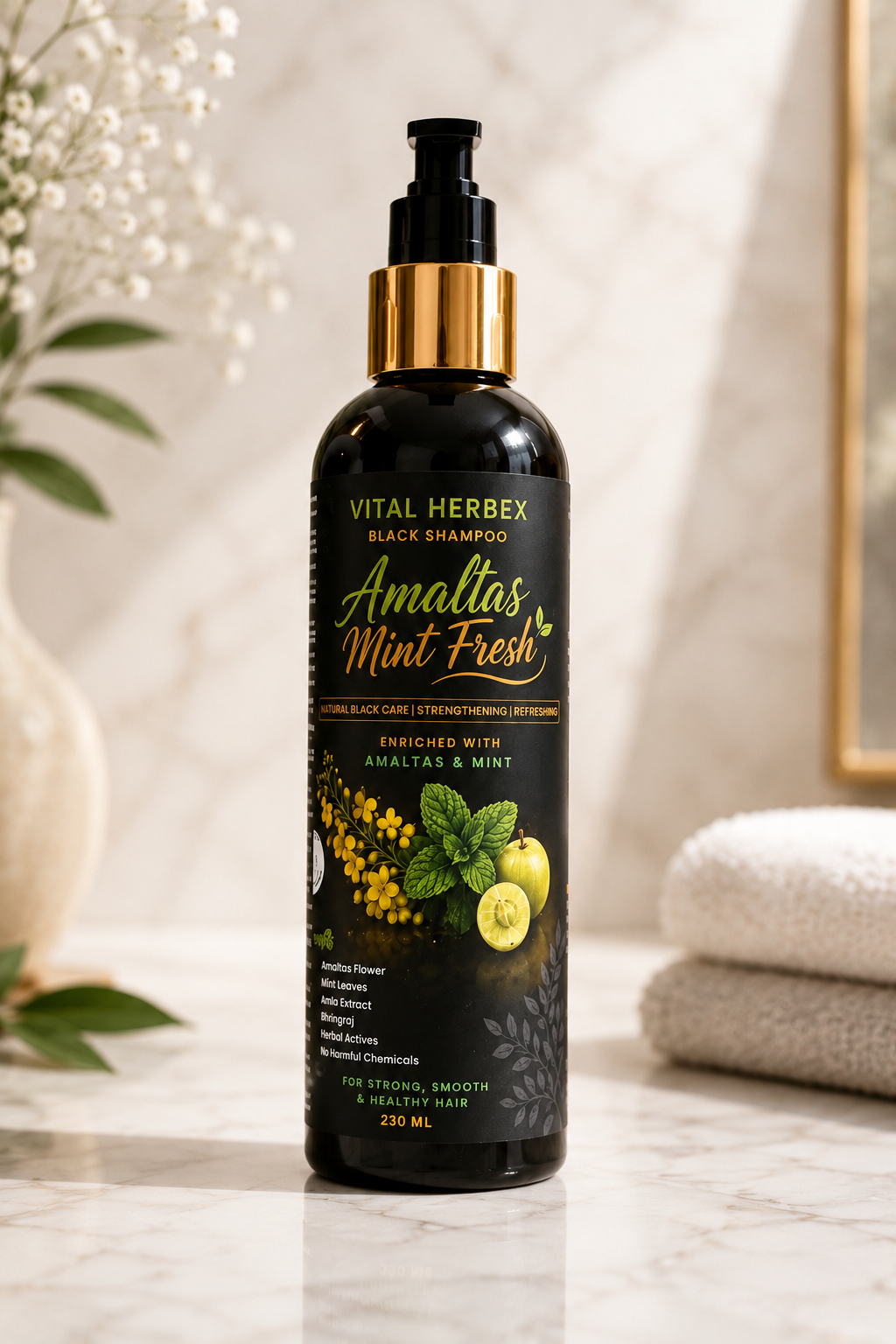 AMALTAS Mint-Fresh Black Shampoo | Herbal Anti-Dandruff Shampoo (230ml)