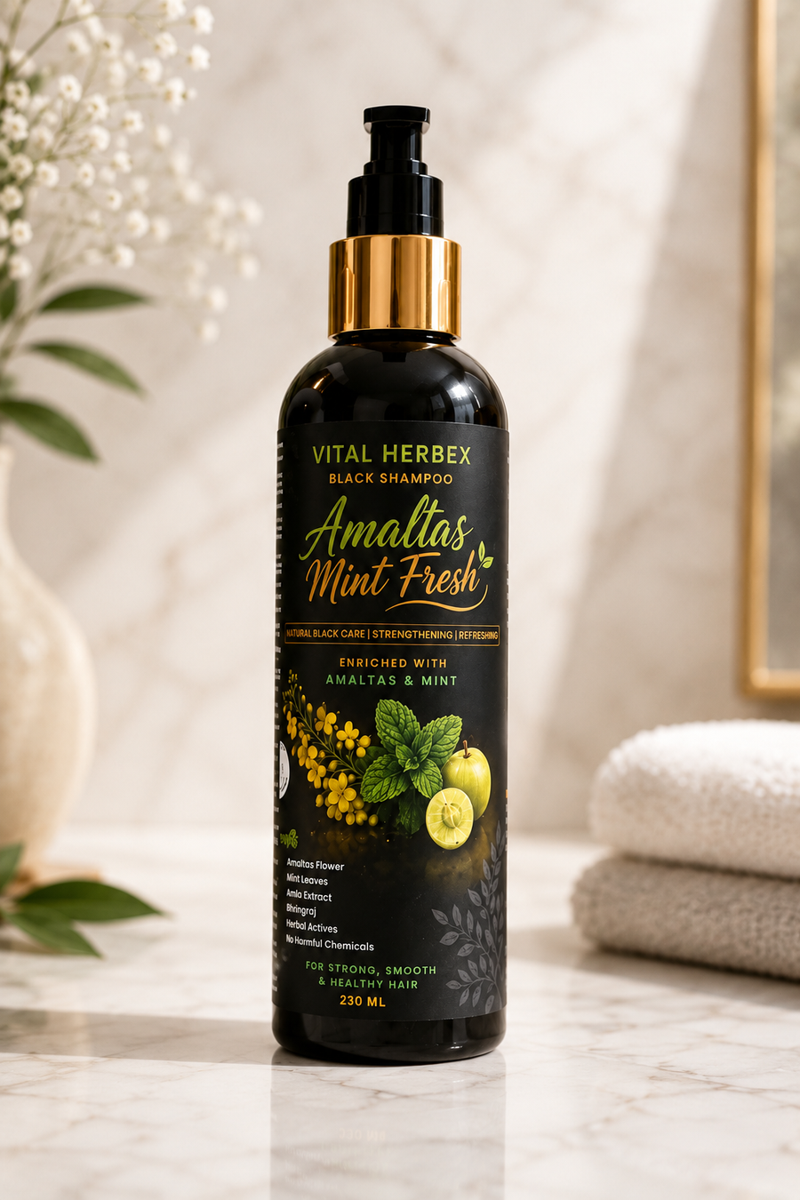 AMALTAS Mint-Fresh Black Shampoo | Herbal Anti-Dandruff Shampoo (230ml)